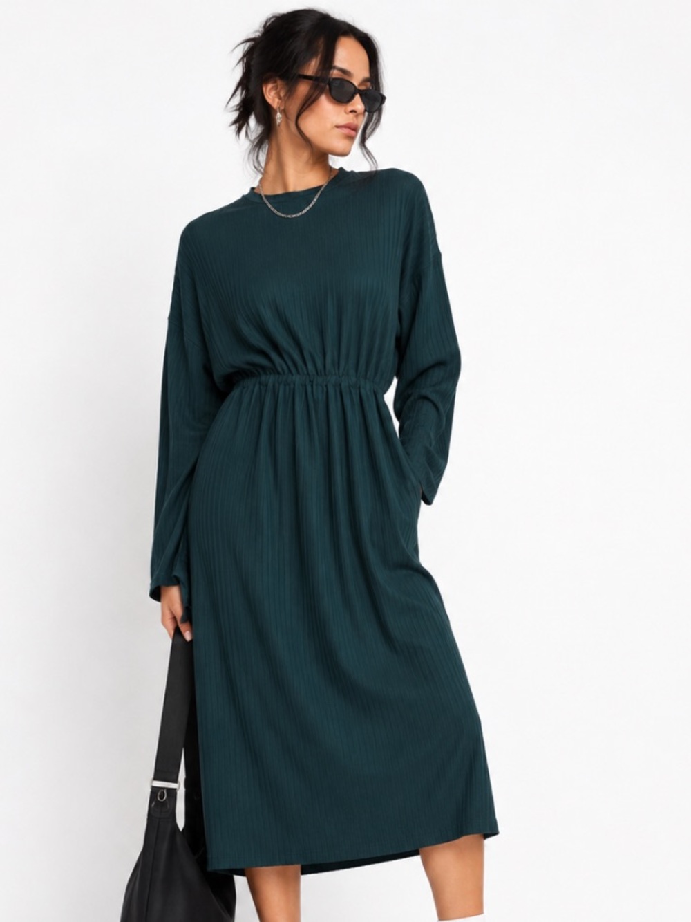 Zara Green Oversized Pleated Modern Romantic Cinch Waist Midi Dress Size M